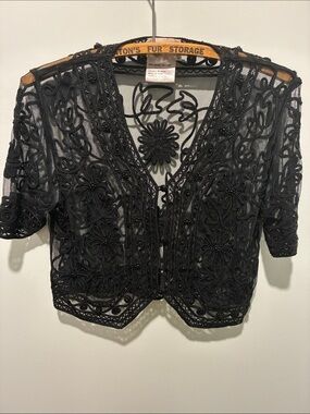 VALENTI Sheer Black Embroidered Lace Beaded Floral Bolero Jacket Shrug Size M